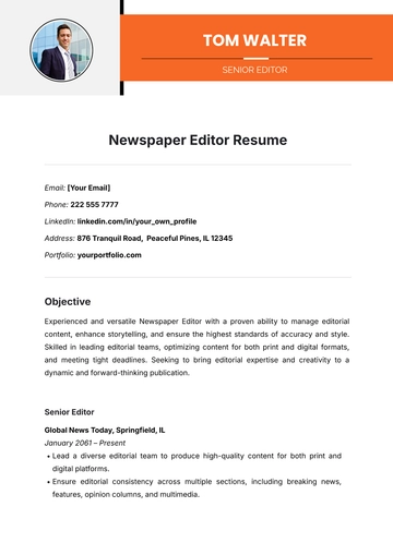 Free Newspaper Editor Resume Template to Edit Online
