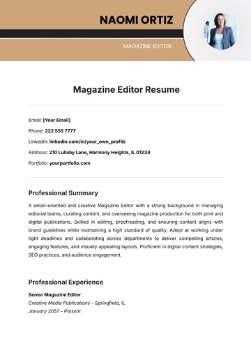 Free Magazine Editor Resume Template to Edit Online