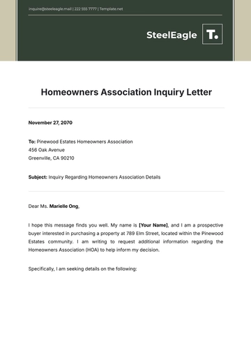 Free Homeowners Association Inquiry Letter Template to Edit Online