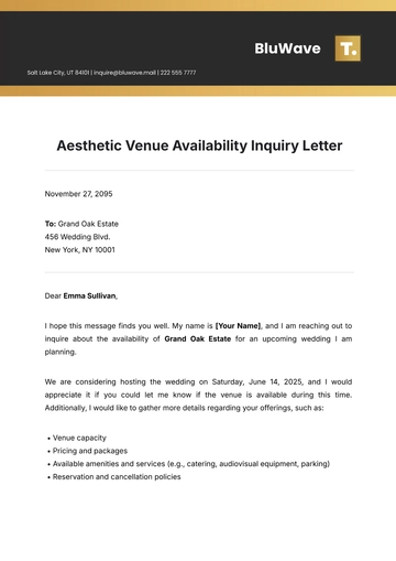 Free Aesthetic Venue Availability Inquiry Letter Template to Edit Online