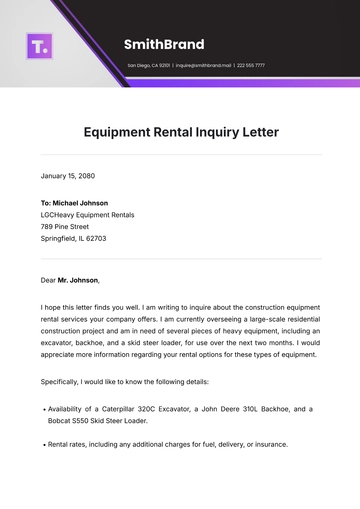 Free Equipment Rental Inquiry Letter Template to Edit Online