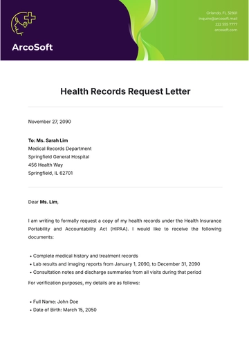 Free Health Records Request Letter Template to Edit Online