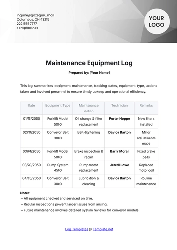 Free Maintenance Equipment Log Template to Edit Online