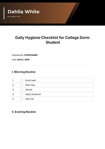 Free Daily Hygiene Checklist for College Dorm Student Template to Edit Online