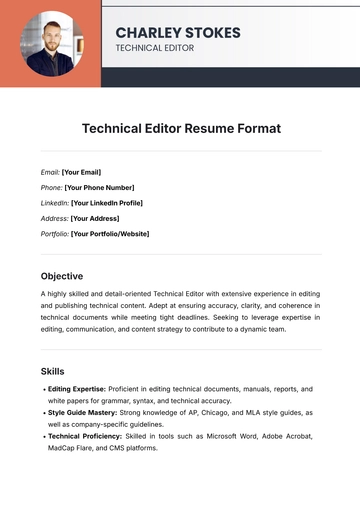 Free Technical Editor Resume Format Template to Edit Online