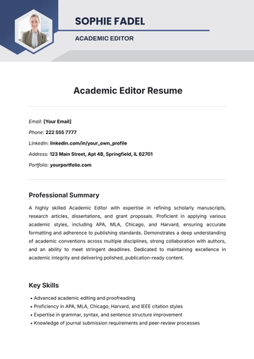 Free Academic Editor Resume Template to Edit Online
