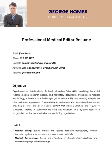 Free Professional Medical Editor Resume Template to Edit Online