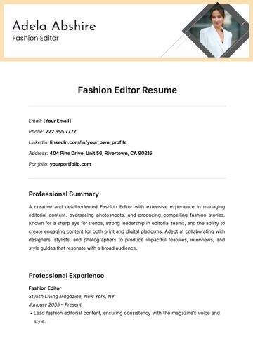 Free Fashion Editor Resume Template to Edit Online