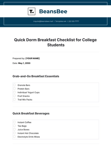 Free Quick Dorm Breakfast Checklist for College Students Template to Edit Online