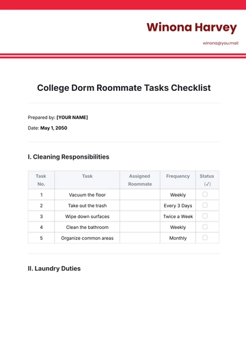 Free College Dorm Roommate Tasks Checklist Template to Edit Online