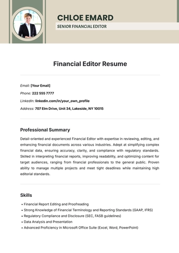 Free Financial Editor Resume Template to Edit Online
