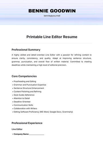 Free Printable Line Editor Resume Template to Edit Online