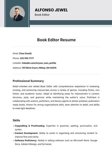 Free Book Editor Resume Template to Edit Online