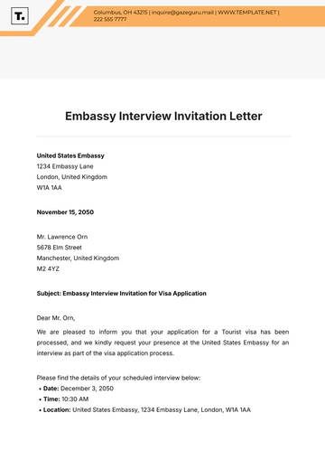 Free Embassy Interview Invitation Letter Template to Edit Online