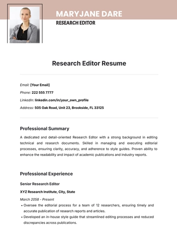 Free Research Editor Resume Template to Edit Online