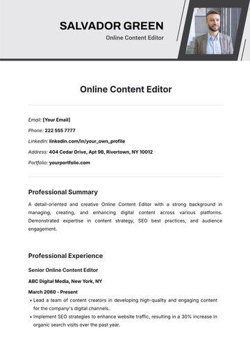 Free Online Content Editor Resume Template to Edit Online
