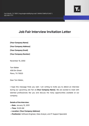Free Job Fair Interview Invitation Letter Template to Edit Online