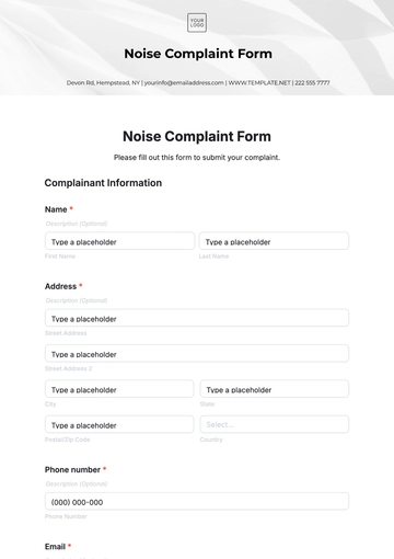 Free Noise Complaint Form Template to Edit Online