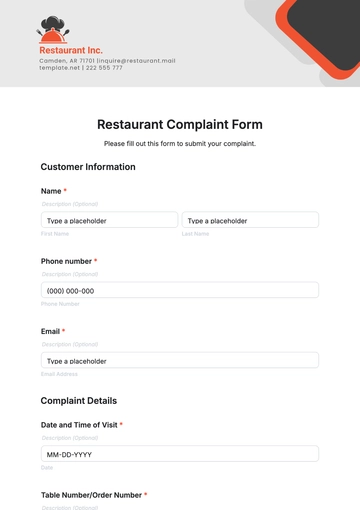 Free Restaurant Complaint Form Template to Edit Online