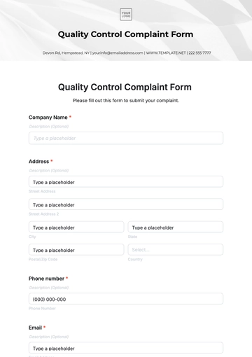 Free Quality Control Complaint Form Template to Edit Online