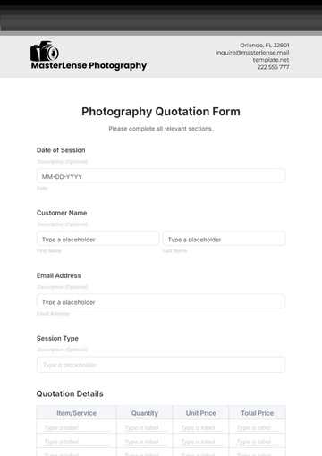 Free Photography Quotation Form Template to Edit Online