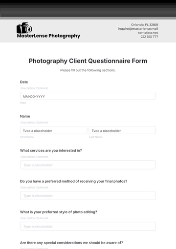 Free Photography Client Questionnaire Form Template to Edit Online