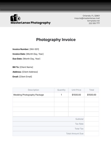 Free Photography Invoice Template to Edit Online