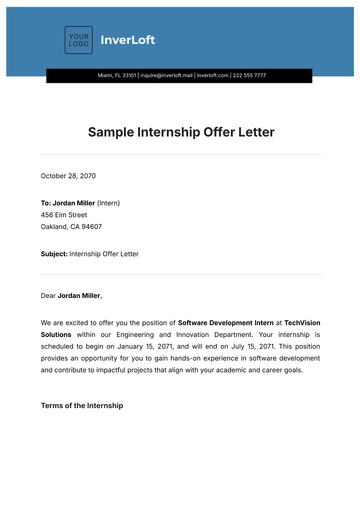 Free Sample Internship Offer Letter Template to Edit Online