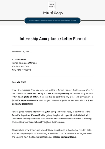Free Internship Acceptance Letter Format Template to Edit Online