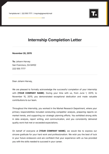 Free Internship Completion Letter Template to Edit Online