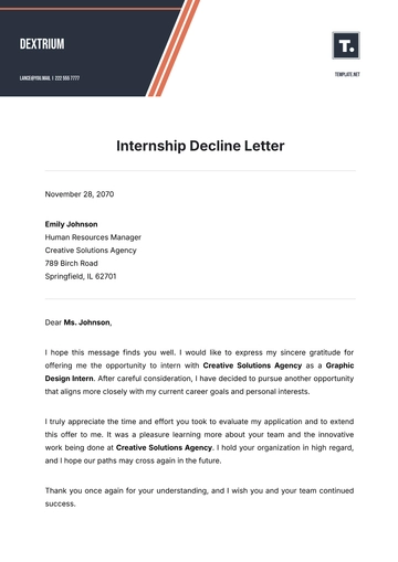 Free Internship Decline Letter Template to Edit Online