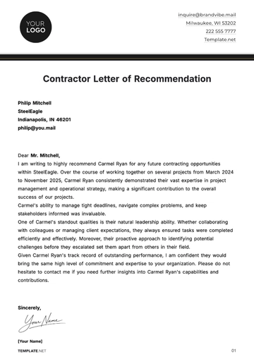Free Contractor Letter of Recommendation Template to Edit Online