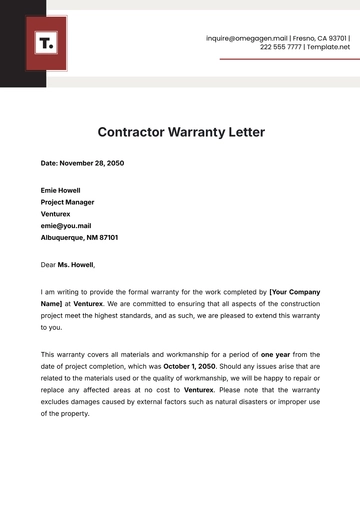 Free Contractor Warranty Letter Template to Edit Online