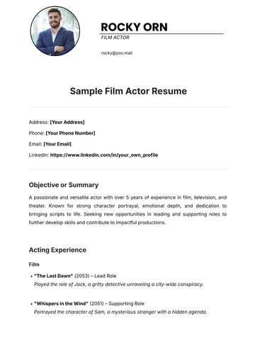 Free Sample Film Actor Resume Template to Edit Online