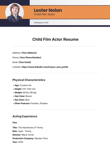 Free Child Film Actor Resume Template to Edit Online