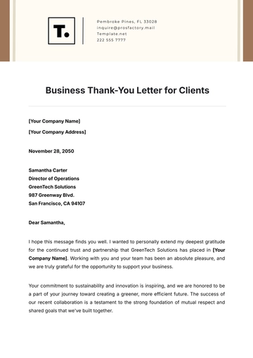 Free Business Thank-You Letter for Clients Template to Edit Online