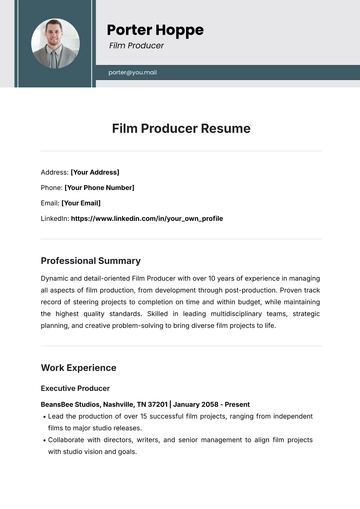 Free Film Producer Resume Template to Edit Online