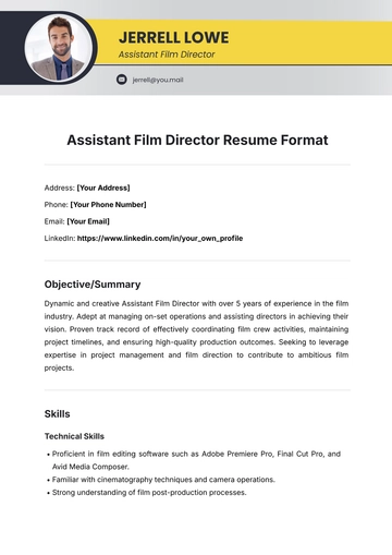 Free Assistant Film Director Resume Format Template to Edit Online