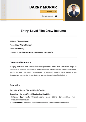 Free Entry-Level Film Crew Resume Template to Edit Online