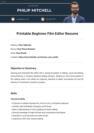 Free Printable Beginner Film Editor Resume Template to Edit Online