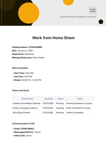 Free Work from Home Sheet Template to Edit Online