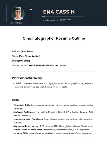 Free Cinematographer Resume Outline Template to Edit Online