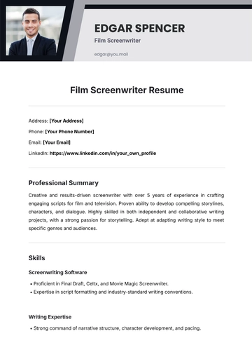 Free Film Screenwriter Resume Template to Edit Online