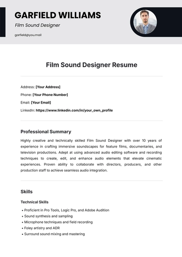 Free Film Sound Designer Resume Template to Edit Online
