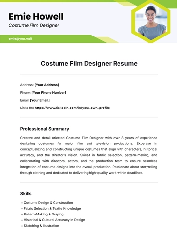 Free Costume Film Designer Resume Template to Edit Online