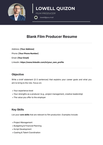 Free Blank Film Producer Resume Template to Edit Online