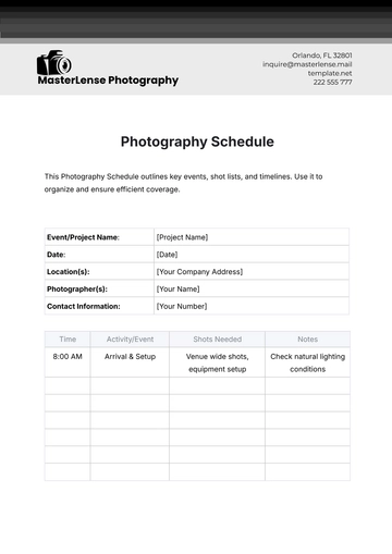 Free Photography Schedule Template to Edit Online
