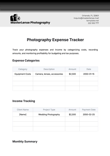 Free Photography Expense Tracker Template to Edit Online