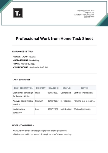 Free Professional Work from Home Task Sheet Template to Edit Online