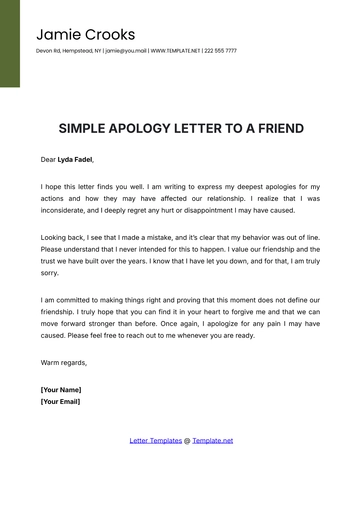 Free Simple Apology Letter to a Friend Template to Edit Online
